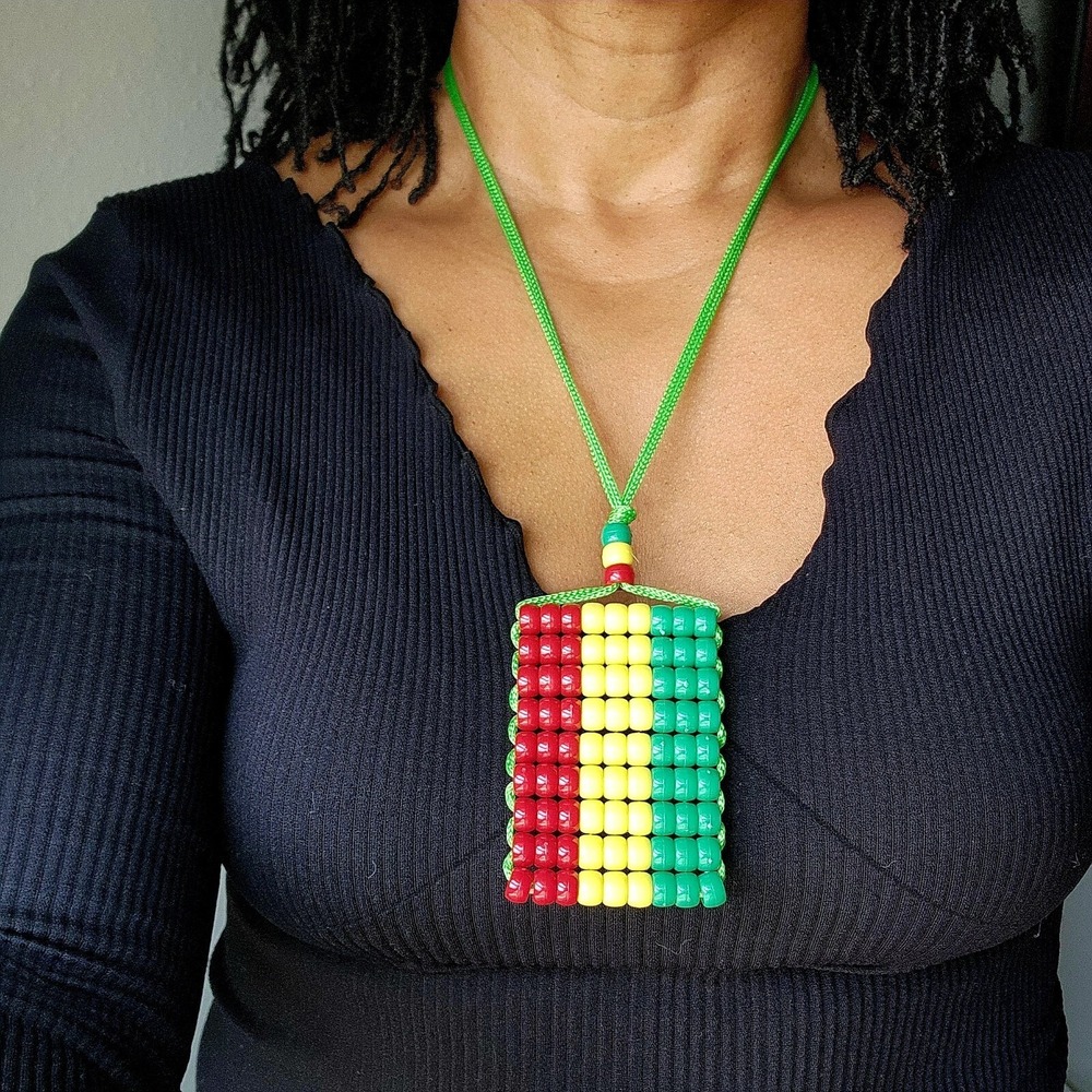 Rasta‎ Flag Car Mirror Danglers /Necklace. Mini Beaded Flag 2.5" x 3".